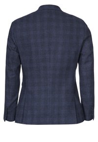 Marinblå rutigt blazer med en strukturerad silhuett, två bakvintlar och skräddarsydda ärmar. Tyget har en subtil textur, perfekt för formella tillfällen.