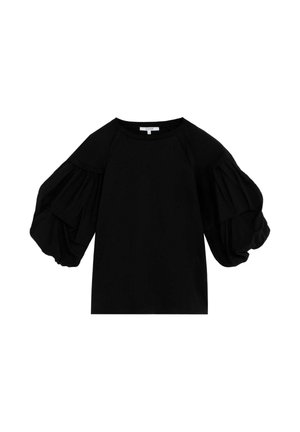 Top negro con mangas abullonadas oversize, cuello redondo y textura suave. El diseño tiene un corte relajado y un detalle minimalista.