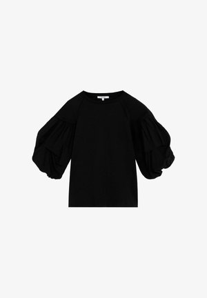 Black top featuring oversized puff sleeves, a round neck, and a smooth texture. The design has a relaxed fit and minimal detailing.