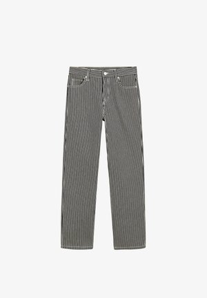 Black and white striped trousers with a relaxed fit, featuring a button front, belt loops, and two front pockets.