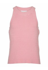 Jasnoróżowy rozciągliwy top bez rękawów z wysokim dekoltem. Posiada dopasowany krój oraz teksturowany materiał.