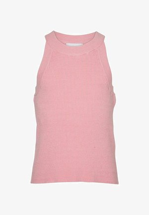 Lys pink ribbet tanktop med høj halsudskæring og ærmeløs design. Har en tætsiddende silhuet og struktureret stof.