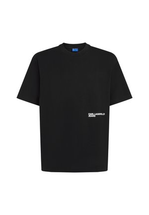 Black short-sleeve crewneck T-shirt with small white "Karl Lagerfeld Jeans" logo on lower front right side.