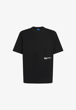Black short-sleeve crewneck T-shirt with small white "Karl Lagerfeld Jeans" logo on lower front right side.