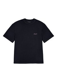 Tricou negru din bumbac, cu guler rotund, mâneci scurte și text mic roz "Popular" pe zona stângă a pieptului.