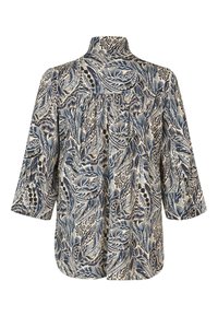 Blusa de botones en azul marino y crema con un cuello alto, que presenta un patrón floral, mangas tres cuartos y un diseño de espalda fruncido.