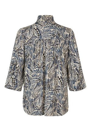 Marinblus i krämfärgad med hög krage, med blommönster, trekvartsärmar och en veckad bakdesign.