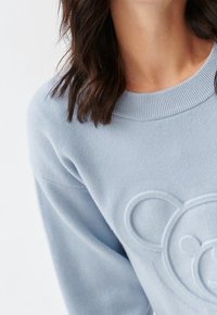 Jasnoniebieska bluza wykonana z miękkiej tkaniny, z teksturowanym wzorem twarzy misia na przodzie oraz prążkowanym okrągłym dekoltem.