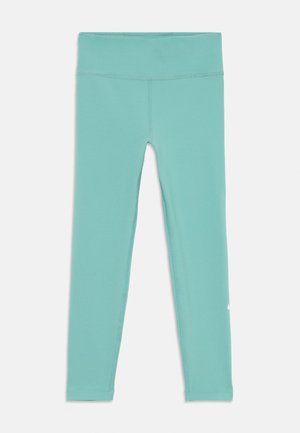 Helle aquafarbene, hochgeschnittene Sportleggings mit flachen Nähten und einem kleinen weißen Logo am unteren rechten Bein.