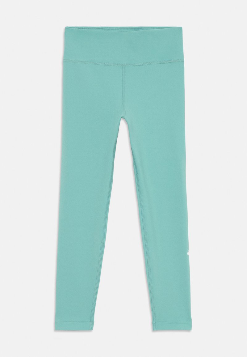 Leggings de sport taille haute en bleu sarcelle clair, avec des coutures plates et un petit logo blanc sur le bas de la jambe droite.