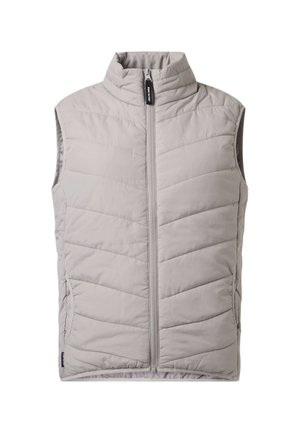 Veste matelassée sans manches gris clair avec une fermeture éclair frontale et un col montant, présentant un matelassage diagonal et des poches latérales.