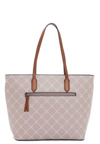 Sac fourre-tout rose clair avec un motif géométrique blanc, poignées en cuir brun et une poche zippée à l'avant avec un détail à pompon.