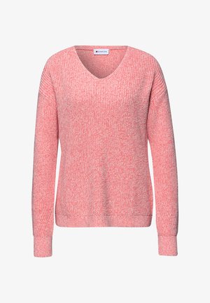 Jersey de punto jaspeado en rosa y blanco con mangas largas y cuello en V, con la etiqueta "Street One", mostrado sobre un fondo blanco.