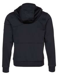 Czarna bluza z kapturem wykonana z gładkiego materiału. Posiada subtelne logo na kapturze, ściągacze na rękawach i u dołu, luźny krój.