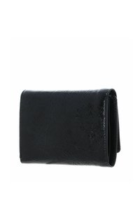 Portefeuille en cuir noir avec une finition texturée, présentant une forme rectangulaire et un design pliable. Aucun élément métallique ou accent visible.