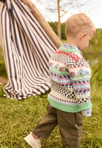 Colorful knitted sweater featuring patterns in red, green, and blue, paired with olive green cargo pants, and white sneakers.