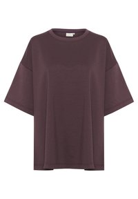 Ylihuomatut lyhythihaiset t-paidat tummalla mauve-värillä, valmistettu pehmeästä kankaasta, jossa on pyöreä kaula-aukko ja suora helma, jossa on minimaalinen ompelueste.