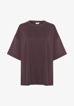 Übergroßes T-Shirt mit kurzen Ärmeln in dunklem Mauve, aus weichem Stoff, mit Rundhalsausschnitt und geradem Saum mit minimalen Nähdetails.