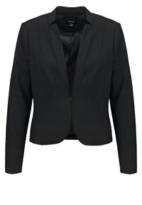 Blazer noir ajusté avec manches longues, col à revers cranté et détails subtils de coutures sur le devant, style ouvert sans boutons.