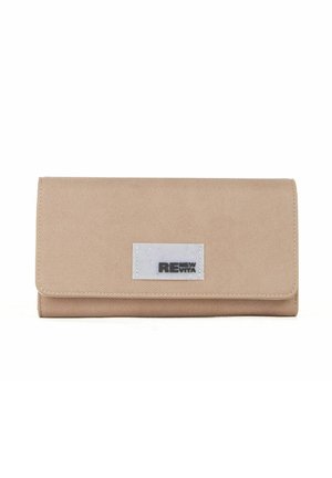 Portefeuille beige avec une finition en tissu texturé, présentant une étiquette transparente avec "RENEW VITA" en lettres gras et une fermeture à pression.