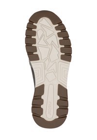 Gummiaußensohle mit einer strukturierten braunen Unterseite und einem weißen Mittelteil, das ein geometrisches Muster für besseren Halt aufweist. Markenlogo sichtbar.