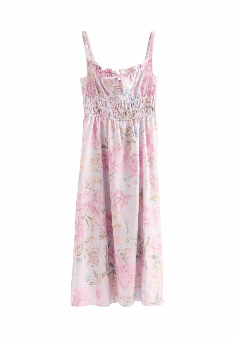 Lille lillepiiri suurusega kleit, millel on pastellroosa ja roheline muster, elastne smokk-kanga bodice ja pahkluu pikkuses hem. Valmistatud kerge kangast.