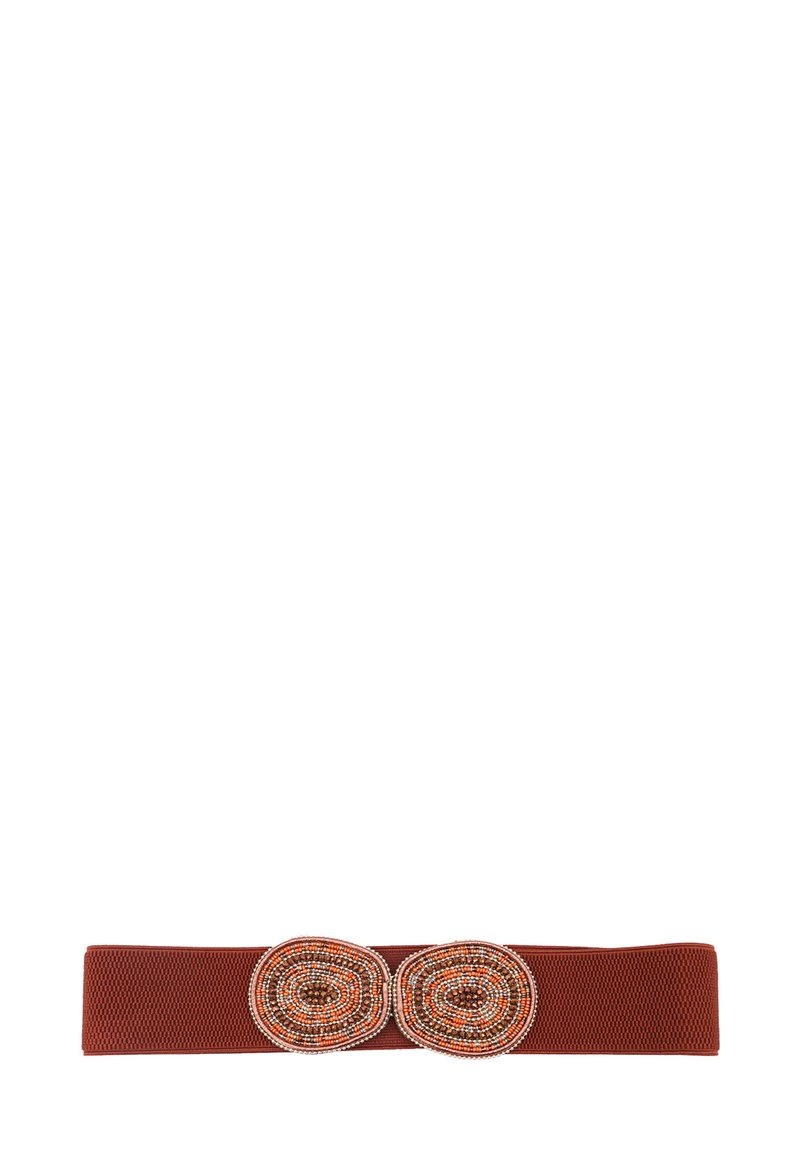 Cintura di perline con fascia elastica di colore rosso-bruno. Presenta due accenti circolari di perline nei colori arancione, bianco e marrone. Materiale texturizzato.