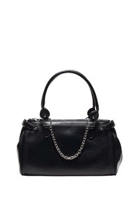 Sac à main en cuir noir avec une forme structurée, deux poignées et un accent en chaîne sur le devant. Il dispose d'une fermeture éclair et de quincaillerie décorative.