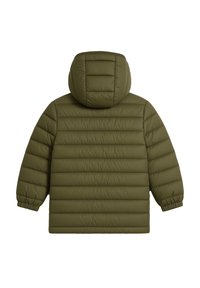 Giacca a vento verde oliva con cappuccio, design trapuntato, polsini elasticizzati e orlo dritto. Tessuto morbido e isolato per il calore.