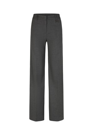Grijze, wijde broek met een gestructureerde stof, voorzien van een sluiting aan de voorkant en riemlussen, ontworpen voor een op maat gemaakte pasvorm.