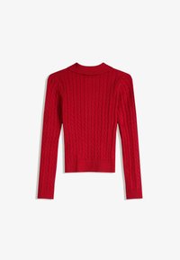 Rdeča pletena jopica z dolgimi rokavi, rebrastim ovratnikom in robom, ki se ponaša z teksturiranim vzorcem po celotni površini. Zadnja stran, brez dodatnih podrobnosti.