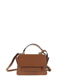 Borsa a tracolla in pelle marrone con texture, chiusura a patta, manico superiore e tracolla rimovibile. Accenti di doratura notevoli.