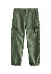 Pantalones cargo de tela verde oliva, con m�últiples bolsillos, puños elásticos y un diseño de corte relajado con detalles de costura visibles.