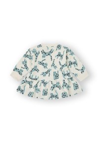 Vestido de manga larga color crema claro con dobladillo acampanado, con un estampado caprichoso de gatos en tonos turquesa y azul oscuro. Tela de algodón, textura suave.