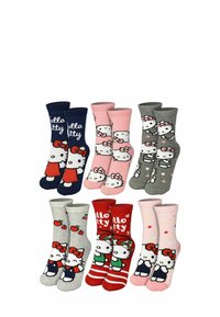 Set of six pairs of socks featuring Hello Kitty. Colors include navy, pink, grey, red, and a mix of patterns and graphics. Soft knit material.