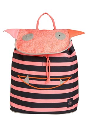 Children's backpack with pink and black stripes, orange drawstring, flap with stitched eyes, orange and pink fabric ears, and a smiling mouth design.