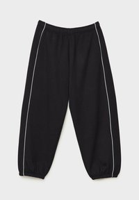 Zwarte joggingbroek gemaakt van zachte stof met elastische boorden. Heeft een witte zijstrook. Tailleband is elastisch voor comfort.