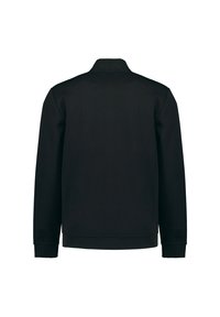 Zwart sweatshirt met een kraag, lange mouwen en ribbelboorden. Glad materiaal zonder zichtbare patronen of hardware. Achteraanzicht weergegeven.