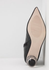 Chaussure noire à bout pointu avec dessus texturé et talon rond transparent unique, vue de la semelle sur un fond blanc uni.