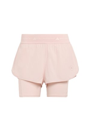 Pantalones cortos deportivos de color rosa claro con capas, con leggings de compresión internos y una cinturilla ancha con los logotipos de Stella McCartney y Adidas.
