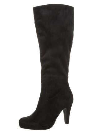 Botte noire en suède mi-mollet avec un bout arrondi et un talon bloc haut, au design lisse et sans ornements.