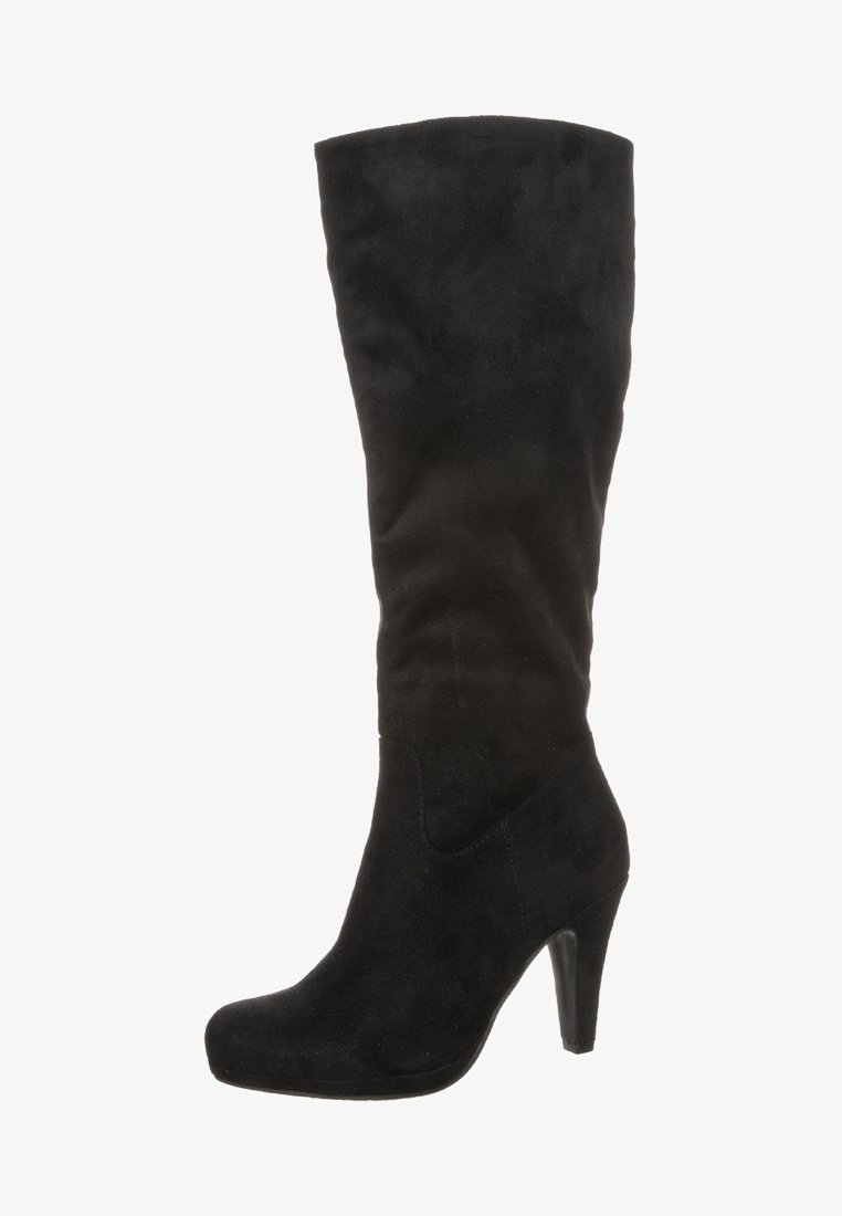 Botte noire en suède mi-mollet avec un bout arrondi et un talon bloc haut, au design lisse et sans ornements.