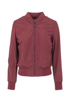 Bordeauxrote Bomberjacke mit Frontreißverschluss, gerippten Bündchen und Saum. Hergestellt aus glattem, leichtem Material mit minimalistischem Design.