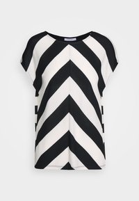 Schwarz-weiß gestreiftes kurzärmliges Oberteil mit nach unten zeigendem Chevron-Muster und rundem Ausschnitt.