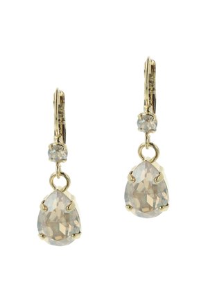 Gold-tone drop earrings feature a round faceted crystal above a teardrop-shaped crystal pendant, both with prong settings.