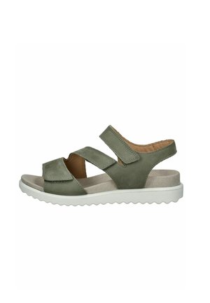 Green suede sandals with two adjustable straps, a cushioned footbed, and a white textured rubber sole for added grip.