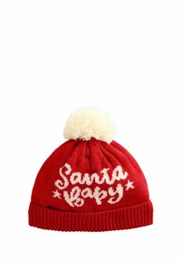 Bonnet en tricot rouge avec un pompon blanc sur le dessus, arborant le texte "Santa Baby" en blanc. Détail côtelé au niveau du bas.