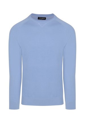 Jasnoniebieski sweter z okrągłym dekoltem, długimi rękawami oraz prążkowanymi mankietami i dolnym wykończeniem, z małym trójkątnym detalem dzianym poniżej kołnierza.