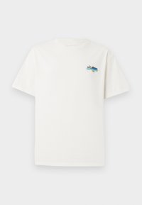 White cotton t-shirt with short sleeves, featuring a colorful graphic design on the left chest area depicting a fish and text.