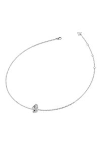 Bracciale in argento con un charm circolare decorato con piccole gemme, un gancio a granchio e lunghezza regolabile.
